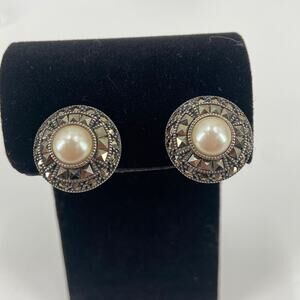 Judith Jack Sterling marcasite faux pearl clip on earrings